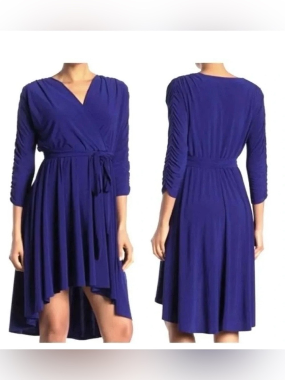 Eliza J Ruched Sleeves Royal Blue Faux Wrap Midi Dress size 8